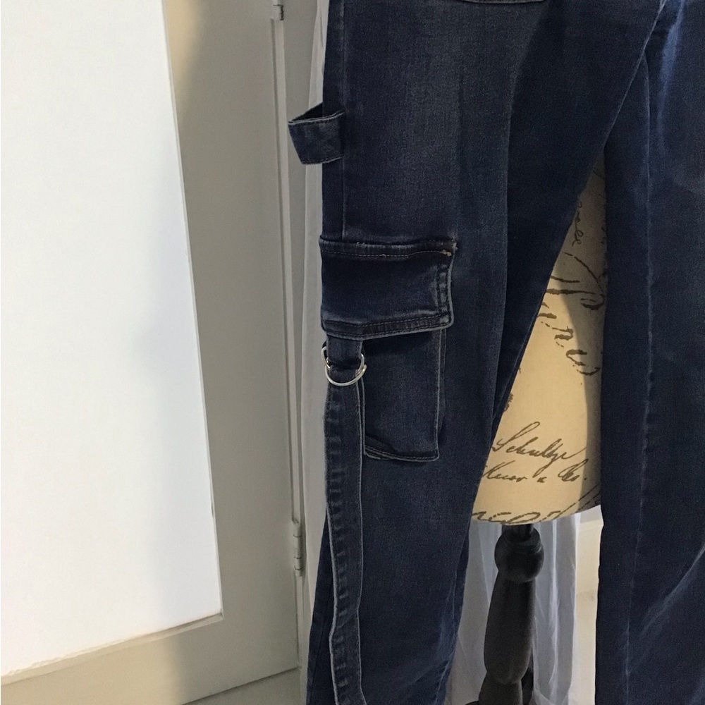 High Rise Straight Leg Jeans| Cargo Pocket Denim | Blue Casual Utility Style